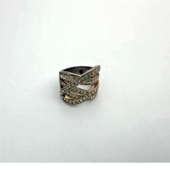 Wide Pavé Rhinestone Criss Cross Statement Ring Two Tone - Picture 4 of 7